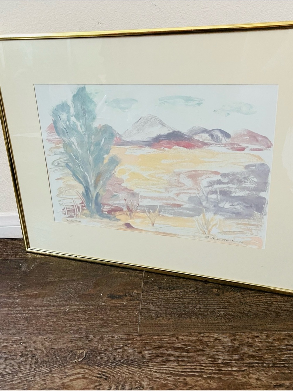 Framed Desert Landscape Watercolor Art in Pastel Colors 18/25 inches